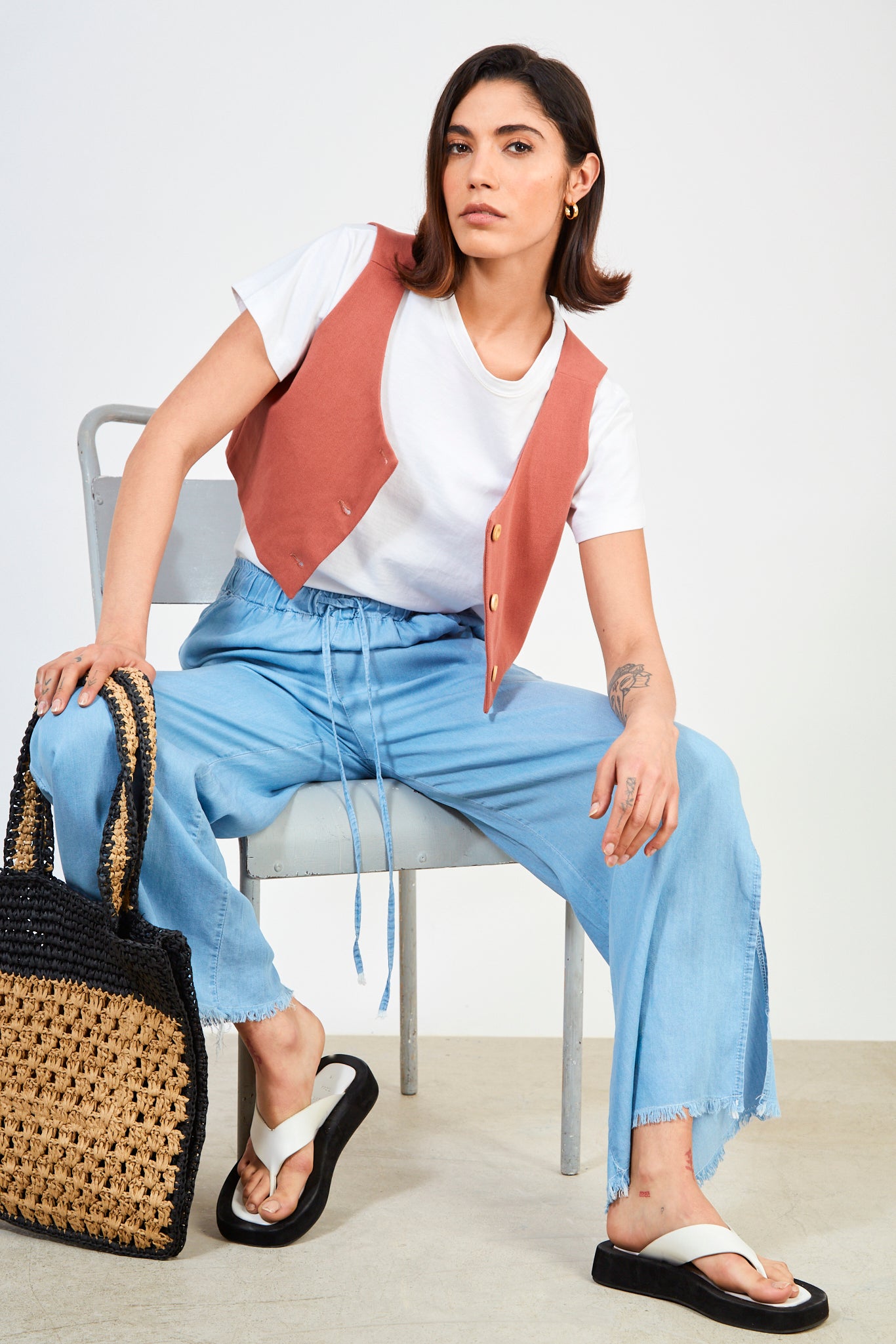 Light blue denim frayed hem wide leg trousers_5