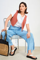 Light blue denim frayed hem wide leg trousers_5