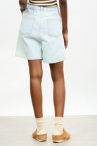 Light blue denim pleated tab waist shorts_2