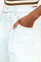 Light blue denim pleated tab waist shorts_3