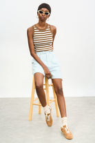 Light blue denim pleated tab waist shorts_5
