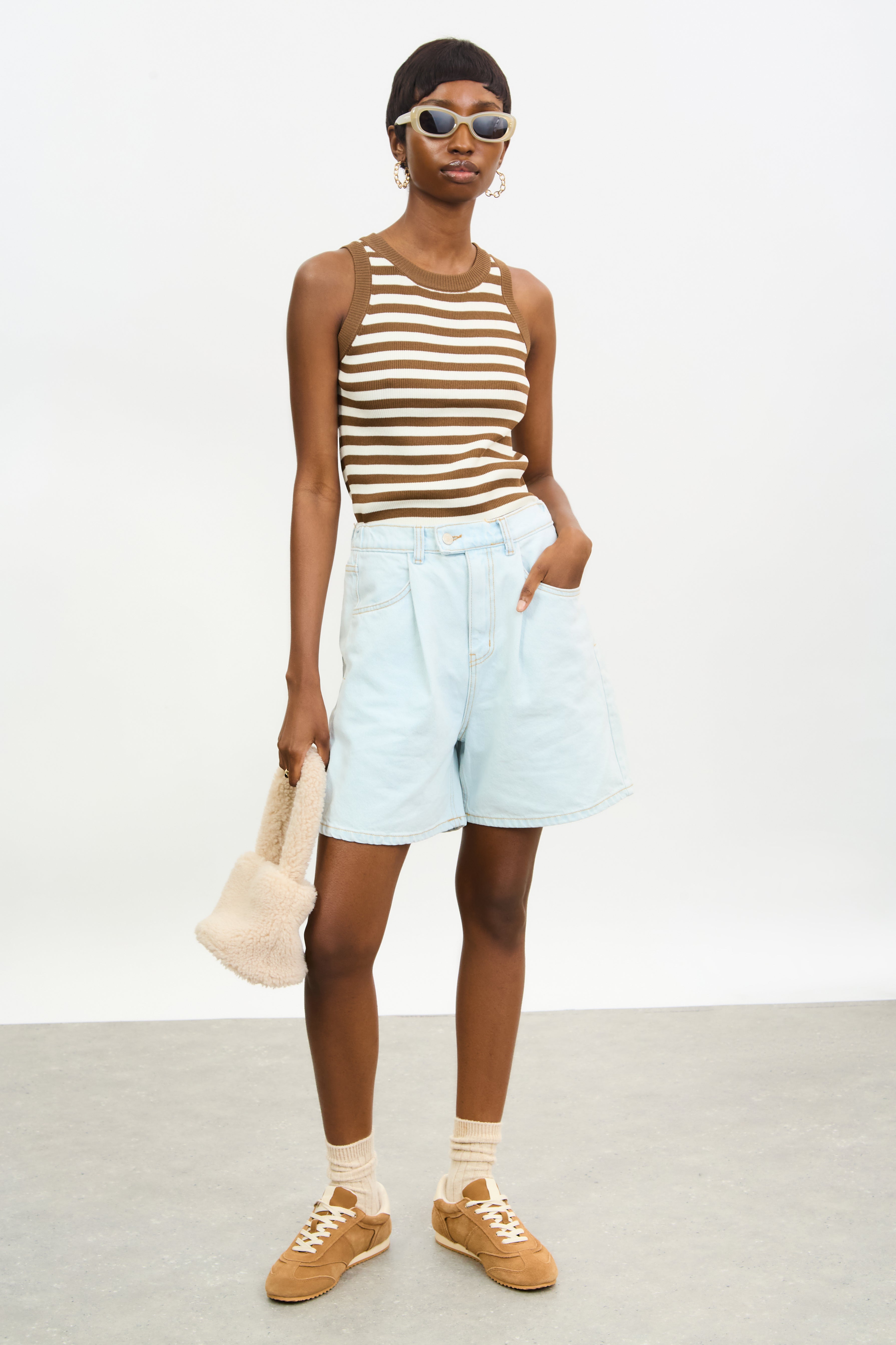 Light blue denim pleated tab waist shorts_4