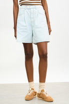 Light blue denim pleated tab waist shorts_1