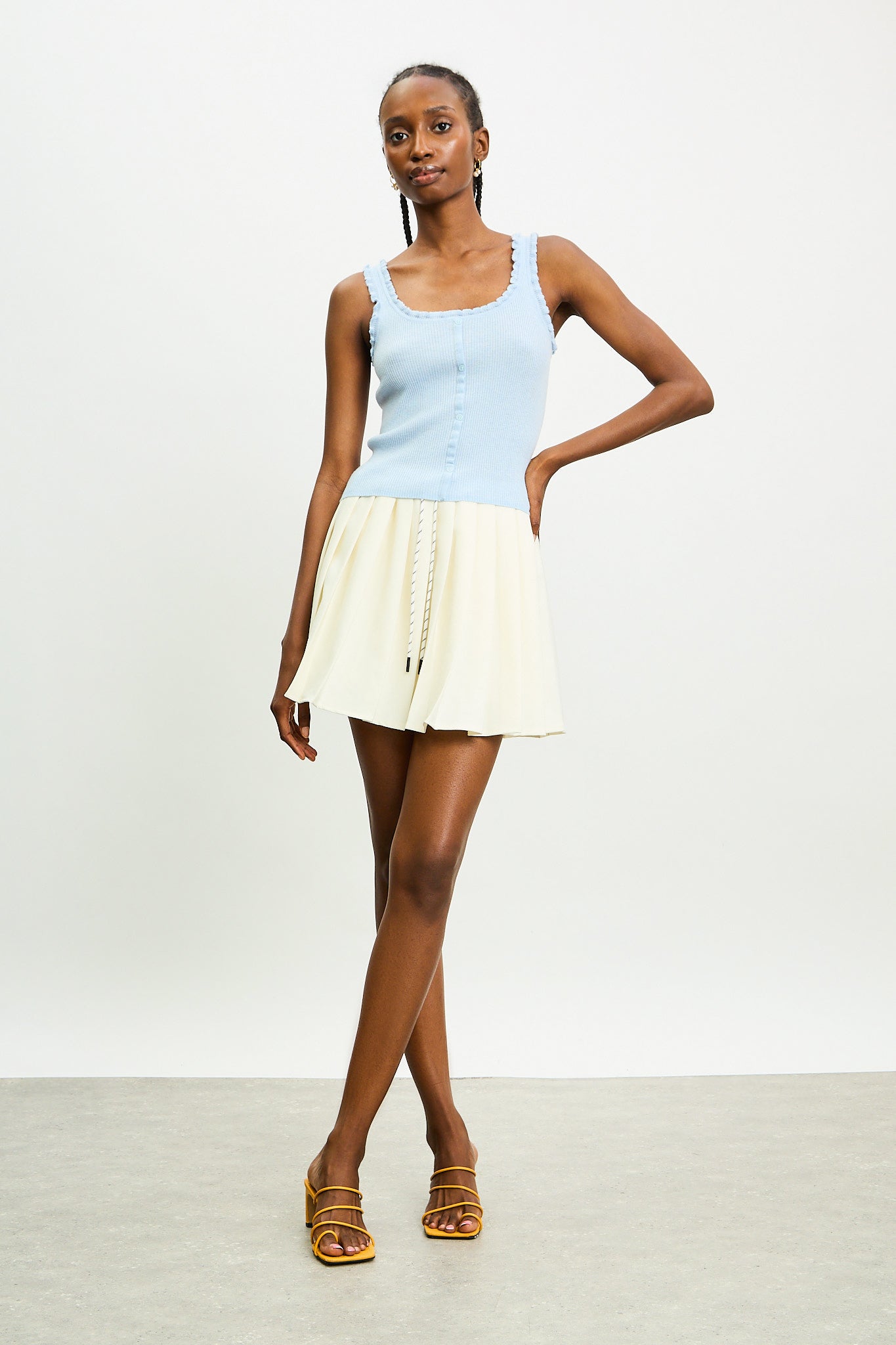 Light blue frill trim button up knit tank_4