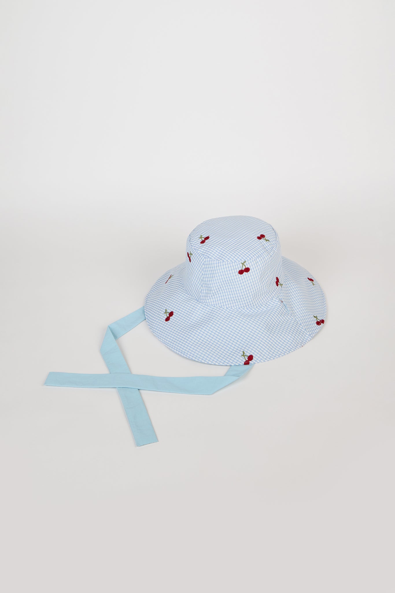 Light blue gingham embroidered cherry reversible sun hat_2