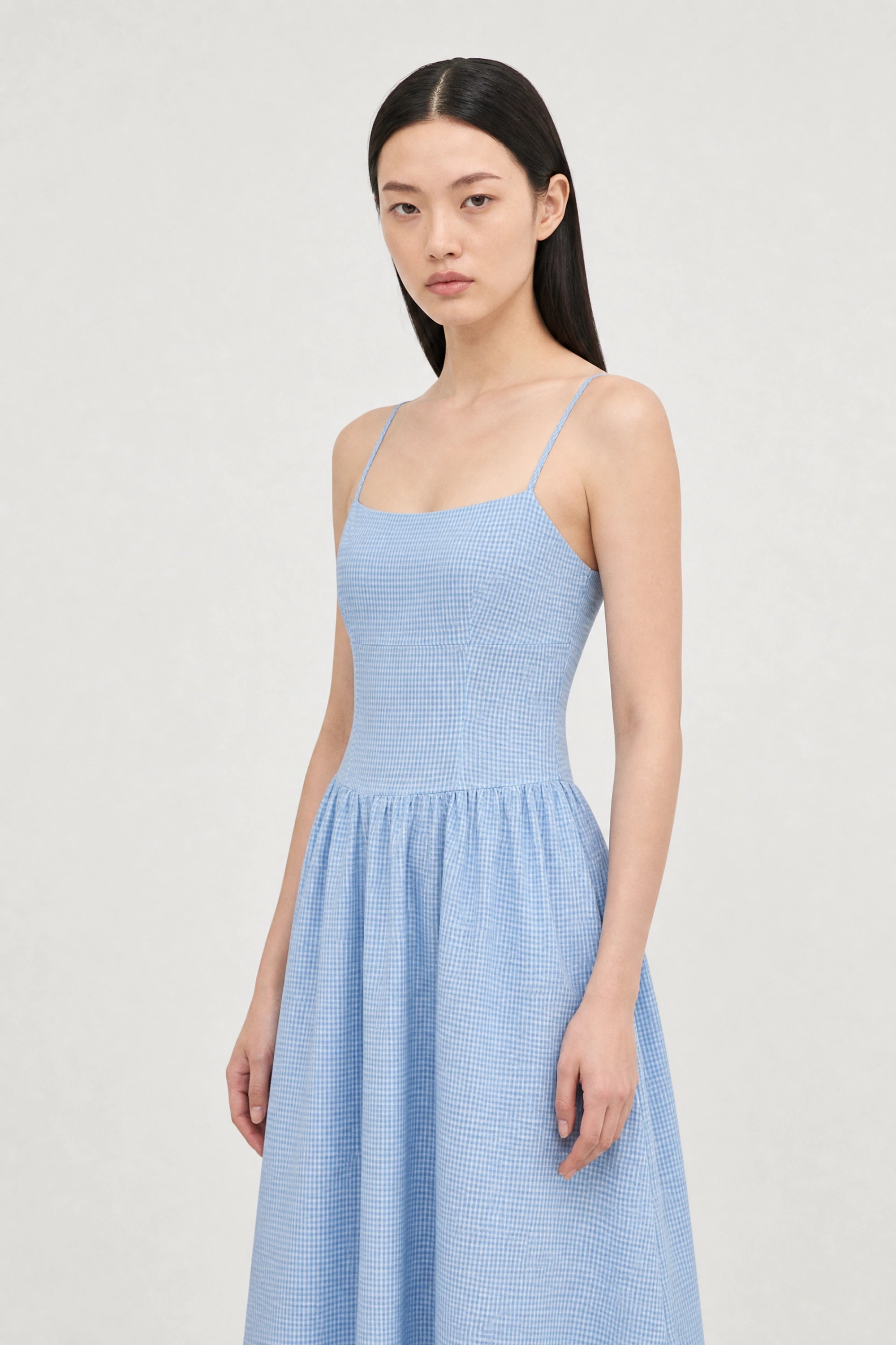 Light blue gingham ruched back dress_3