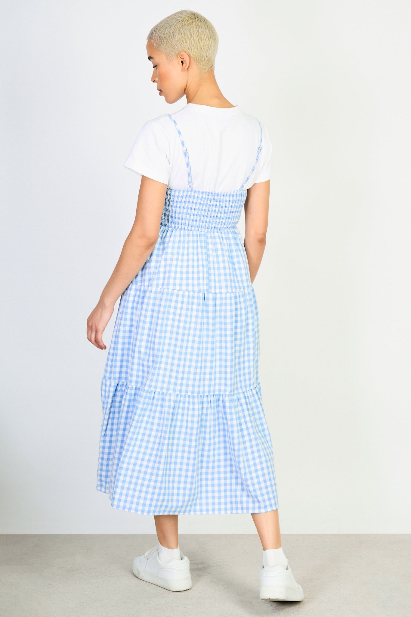 Light blue gingham ruched bodice tiered dress_2
