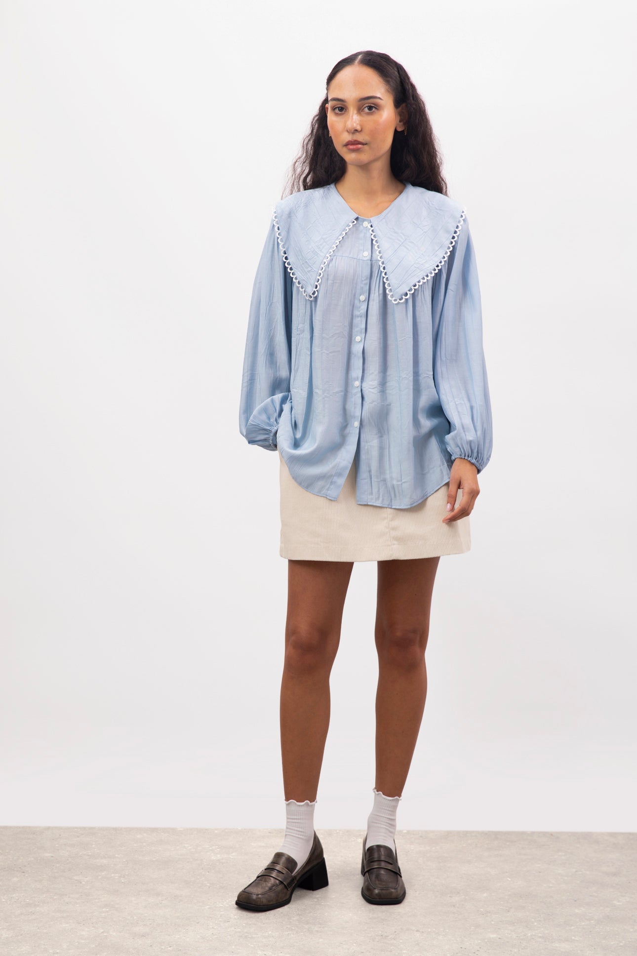 Light blue large eyelet trim collar blouse_3