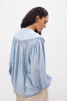 Light blue large eyelet trim collar blouse_2