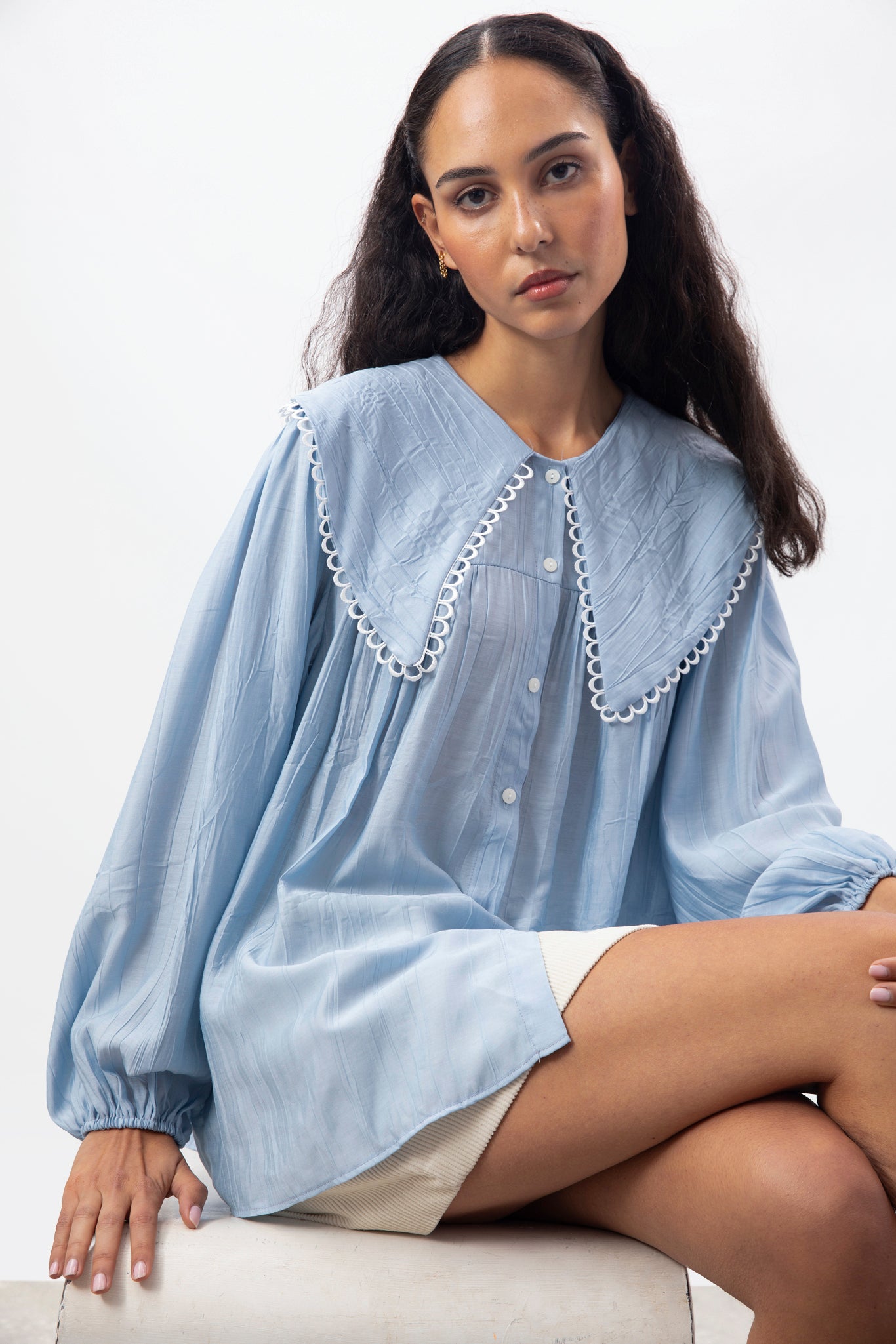Light blue large eyelet trim collar blouse_1