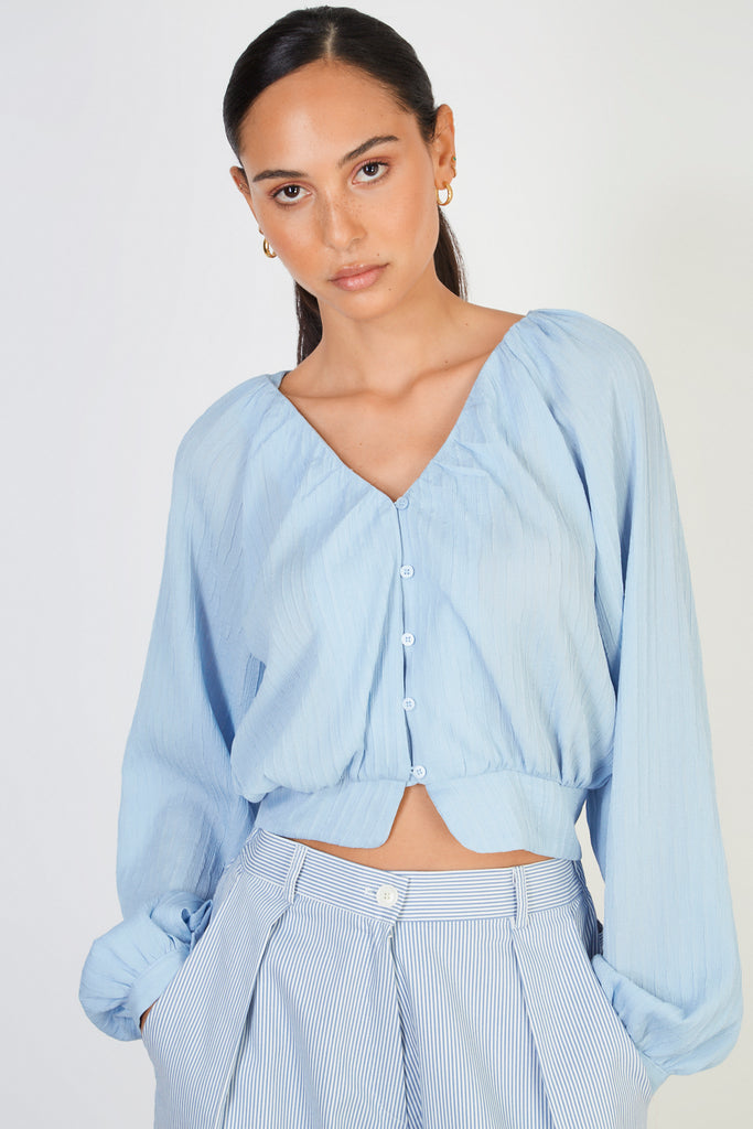 Light blue line textured button up blouse_1