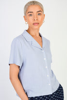 Light blue linen blend short sleeved shirt blouse_1