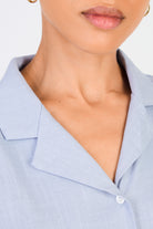 Light blue linen blend short sleeved shirt blouse_3