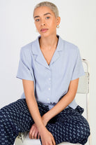 Light blue linen blend short sleeved shirt blouse_5