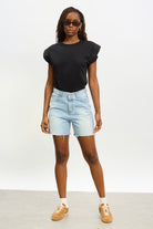 Light blue raw hem denim shorts_4