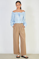 Light blue ruched neck button front blouse_4