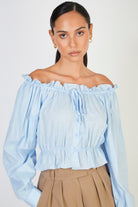 Light blue ruched neck button front blouse_1
