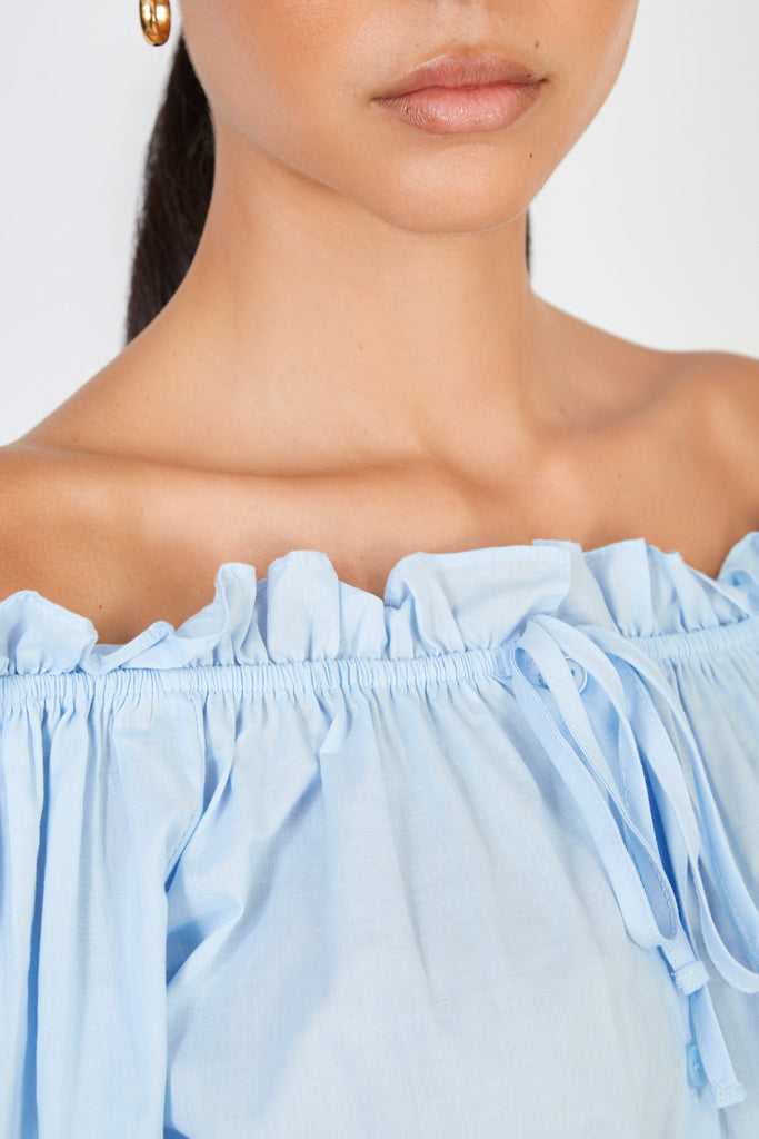 Light blue ruched neck button front blouse_3