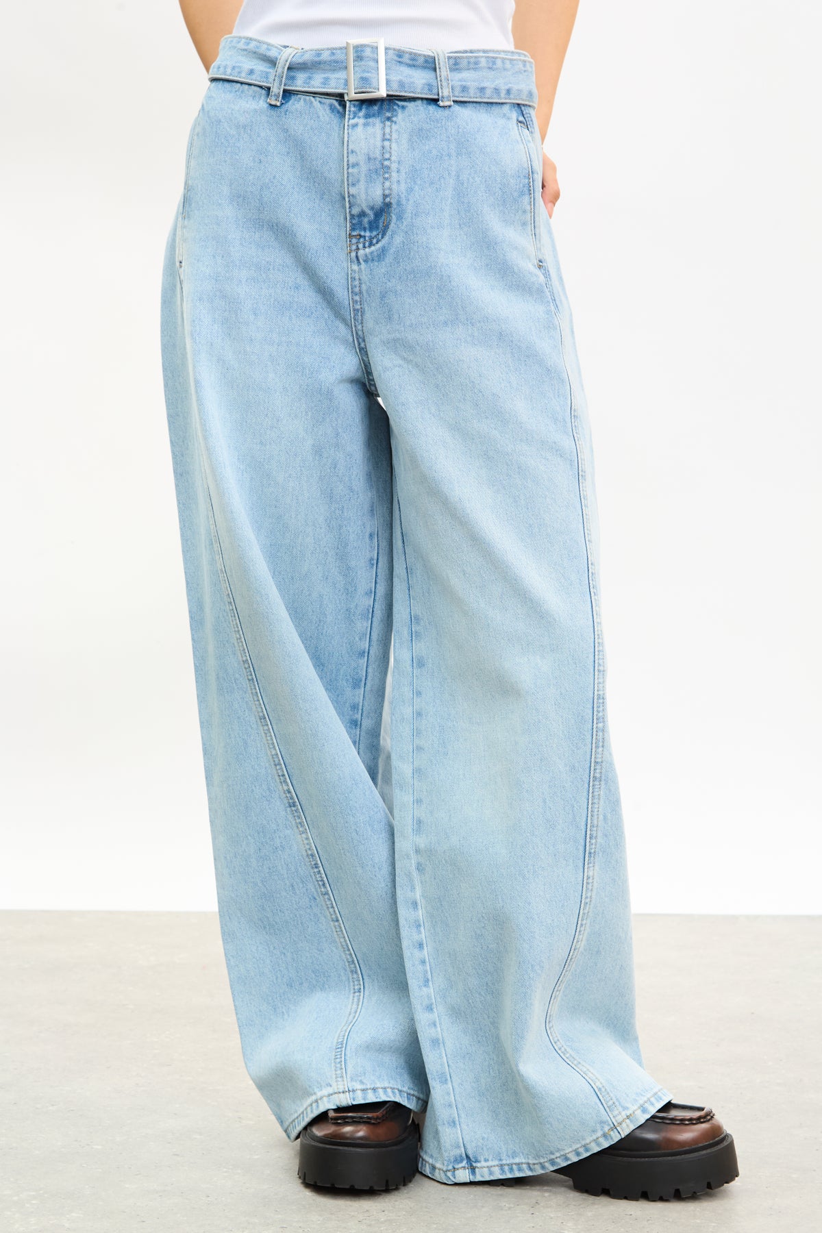 Light Blue Wide Leg Denim BEVIS BLING BLING BAGGY JEANS 34インチ