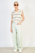 Light green adjustable waist double button jeans_4