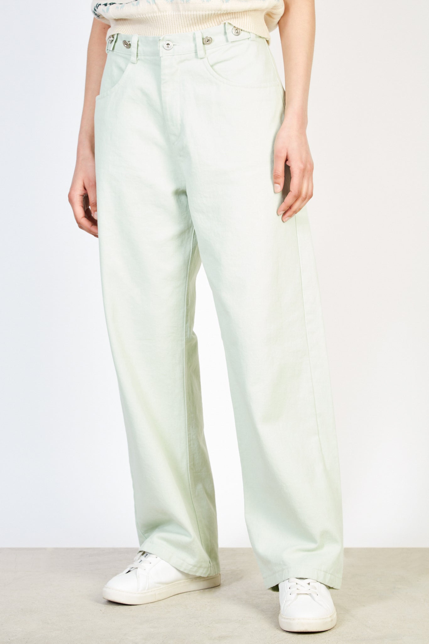 Light green adjustable waist double button jeans_1