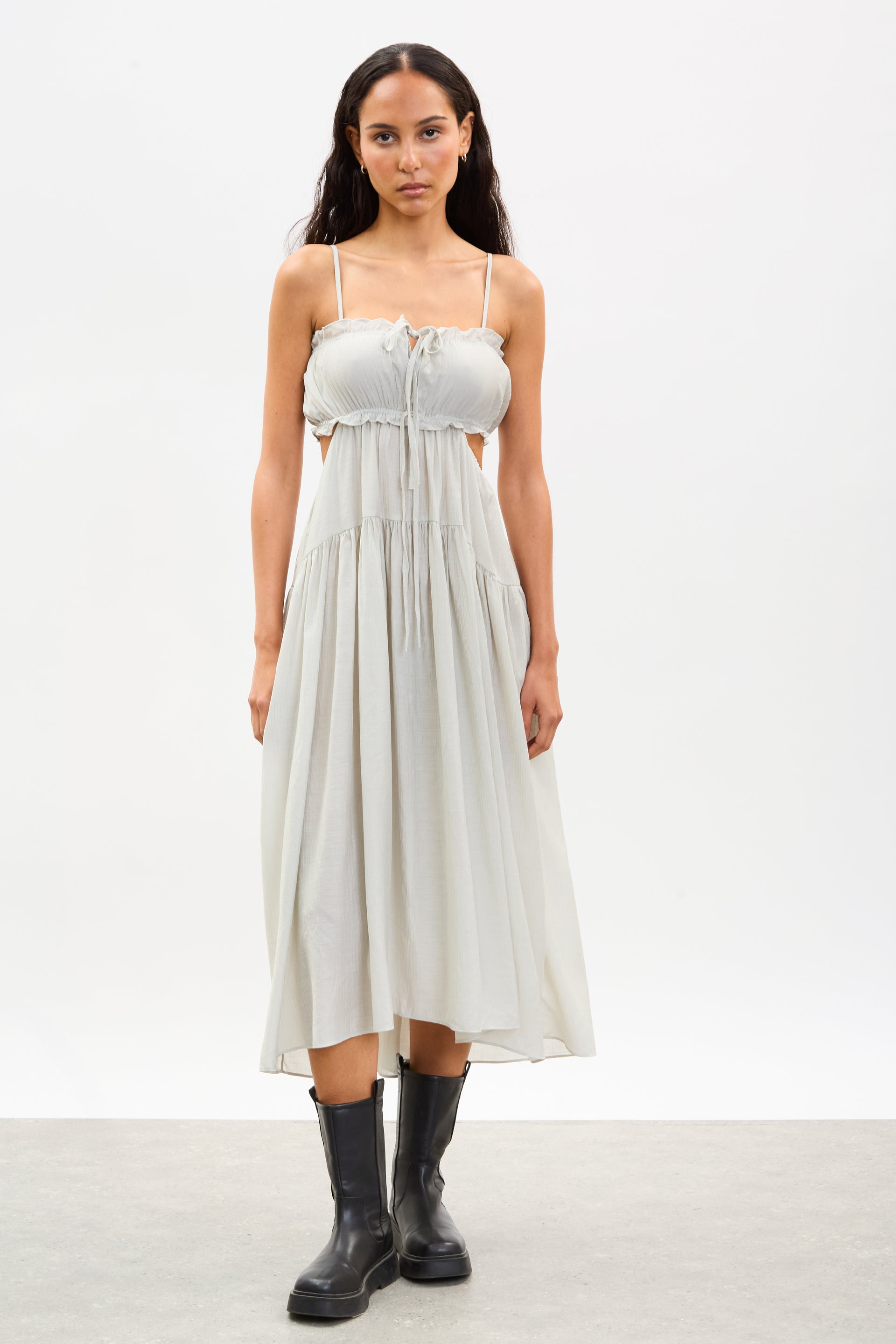 Glassworks London Light Grey Frill Trim Strappy Peek Back Midi Dress
