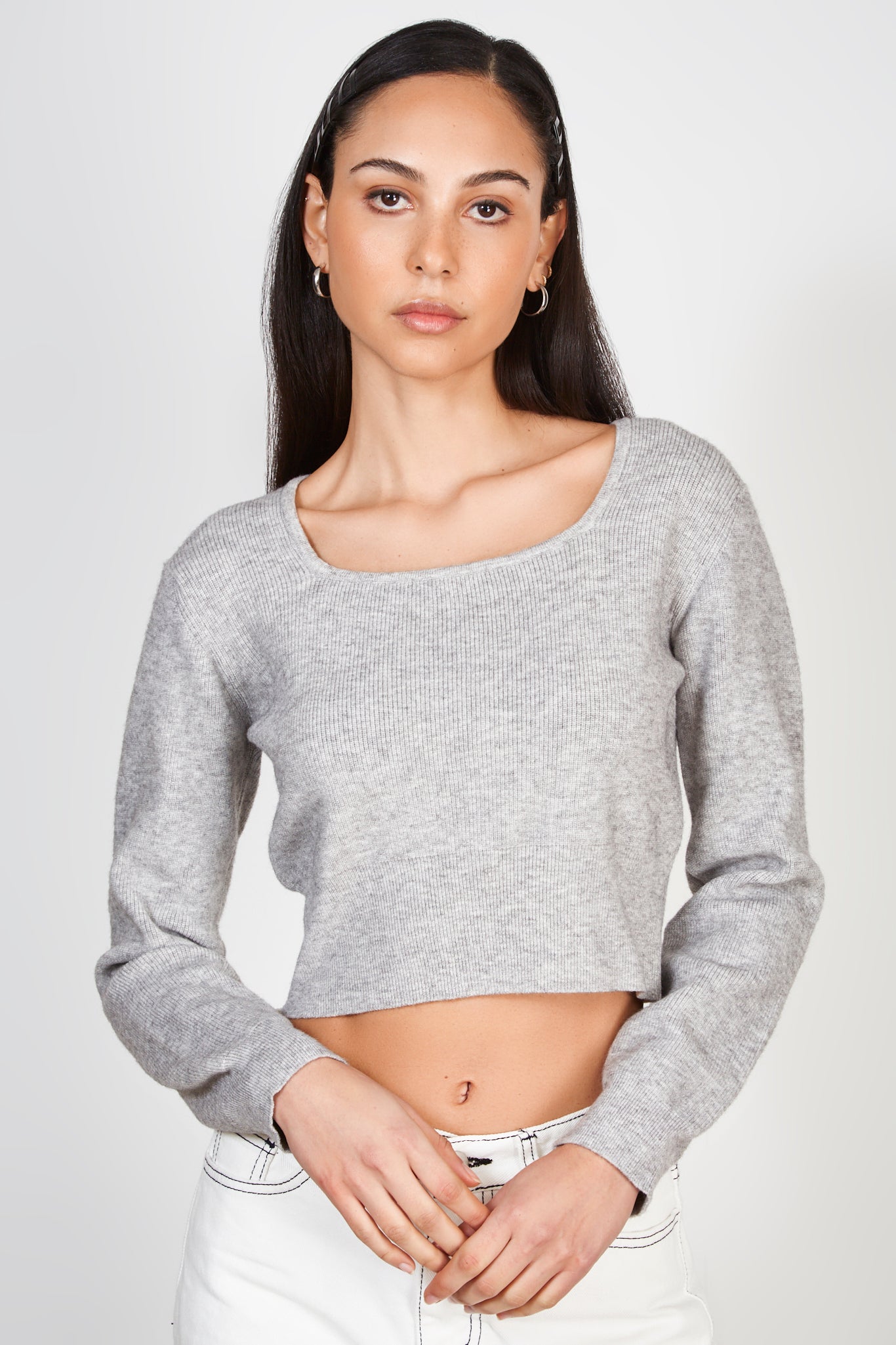 Light grey square neck knit top_1