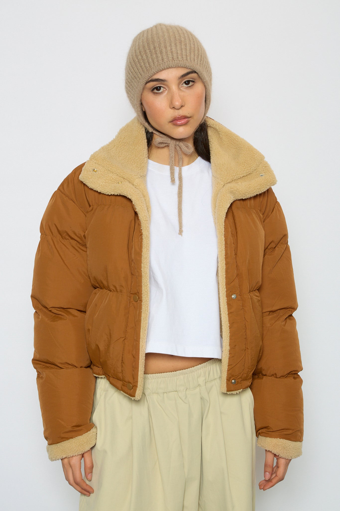 Dark camel teddy lined puffer jacket