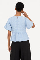 Light blue textured puff short sleeve tiered blouse_2
