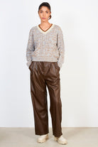 Light blue and brown mix knit varsity trim V-neck jumper_4