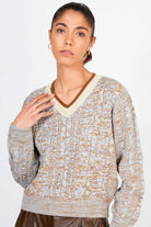 Light blue and brown mix knit varsity trim V-neck jumper_3
