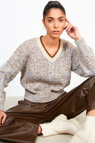 Light blue and brown mix knit varsity trim V-neck jumper_1