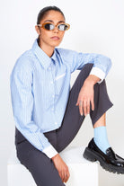 Light blue pinstriped smart cropped shirt_5