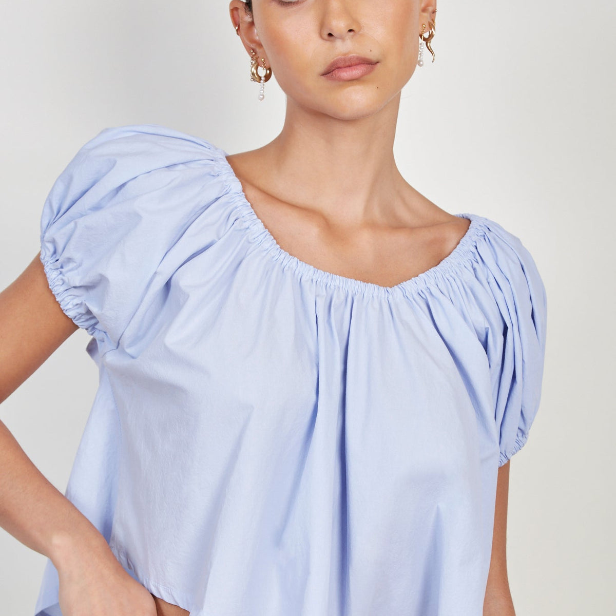 Light blue ruched trim off shoulder top | Glassworks London