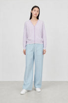 Lilac and white lilen blend thin striped contrast trim cardigan_4