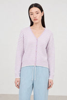 Lilac and white lilen blend thin striped contrast trim cardigan_1