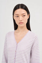 Lilac and white lilen blend thin striped contrast trim cardigan_3
