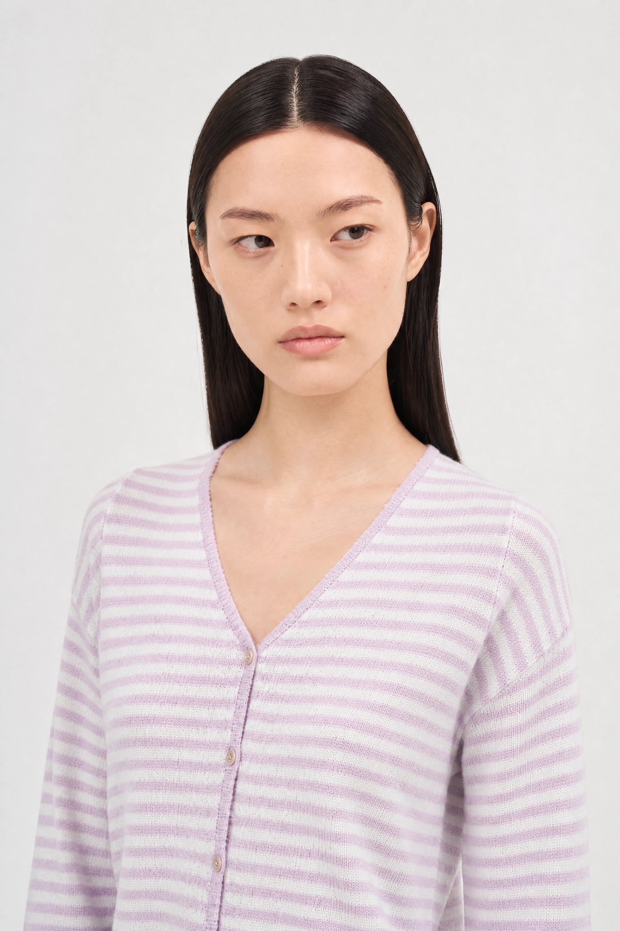 Lilac and white lilen blend thin striped contrast trim cardigan_3