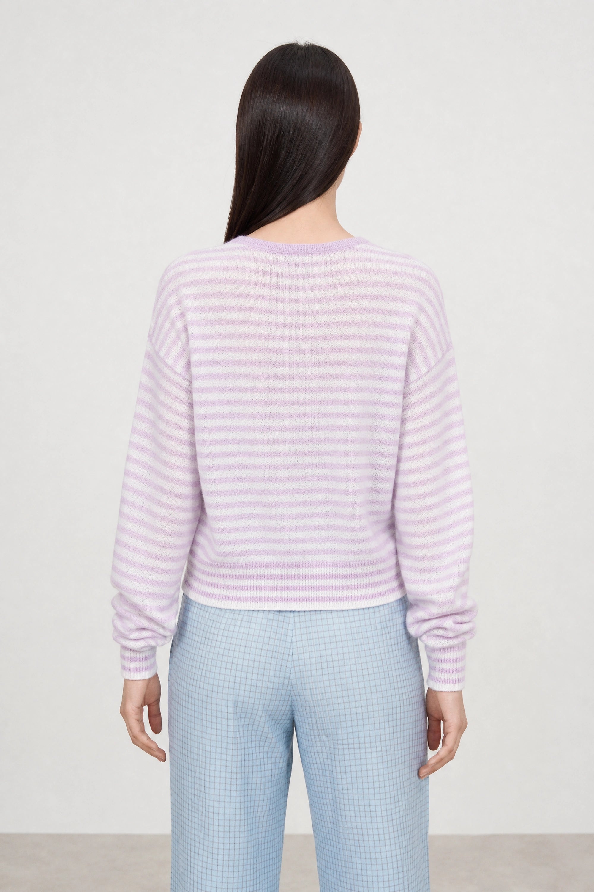Lilac and white lilen blend thin striped contrast trim cardigan_2