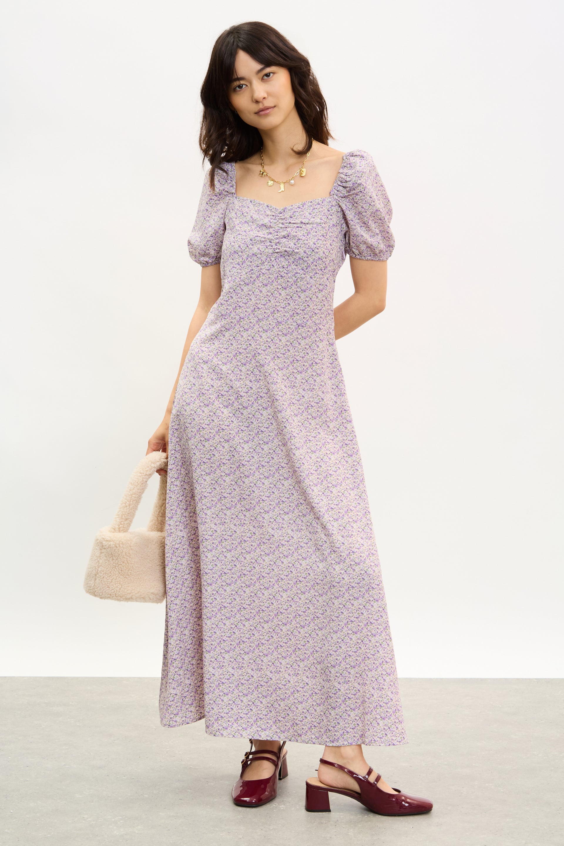 puffy sleeve midi dress Glassworks London Lilac Floral Print Puff Sleeve Midi Dress