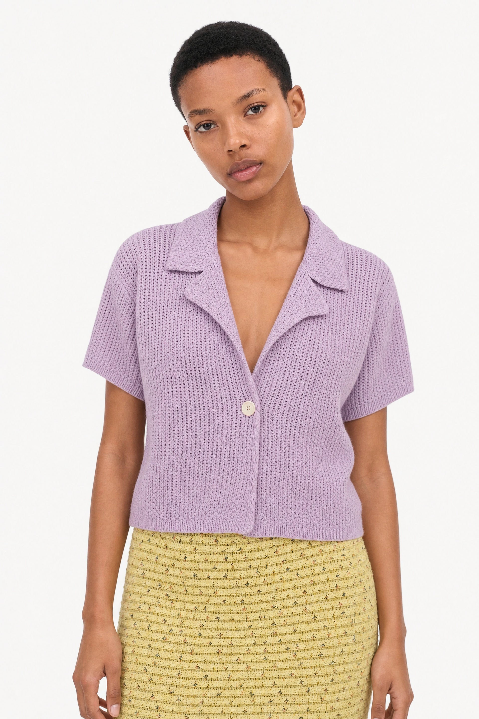 Lilac linen blend short sleeved cardigan | Glassworks London