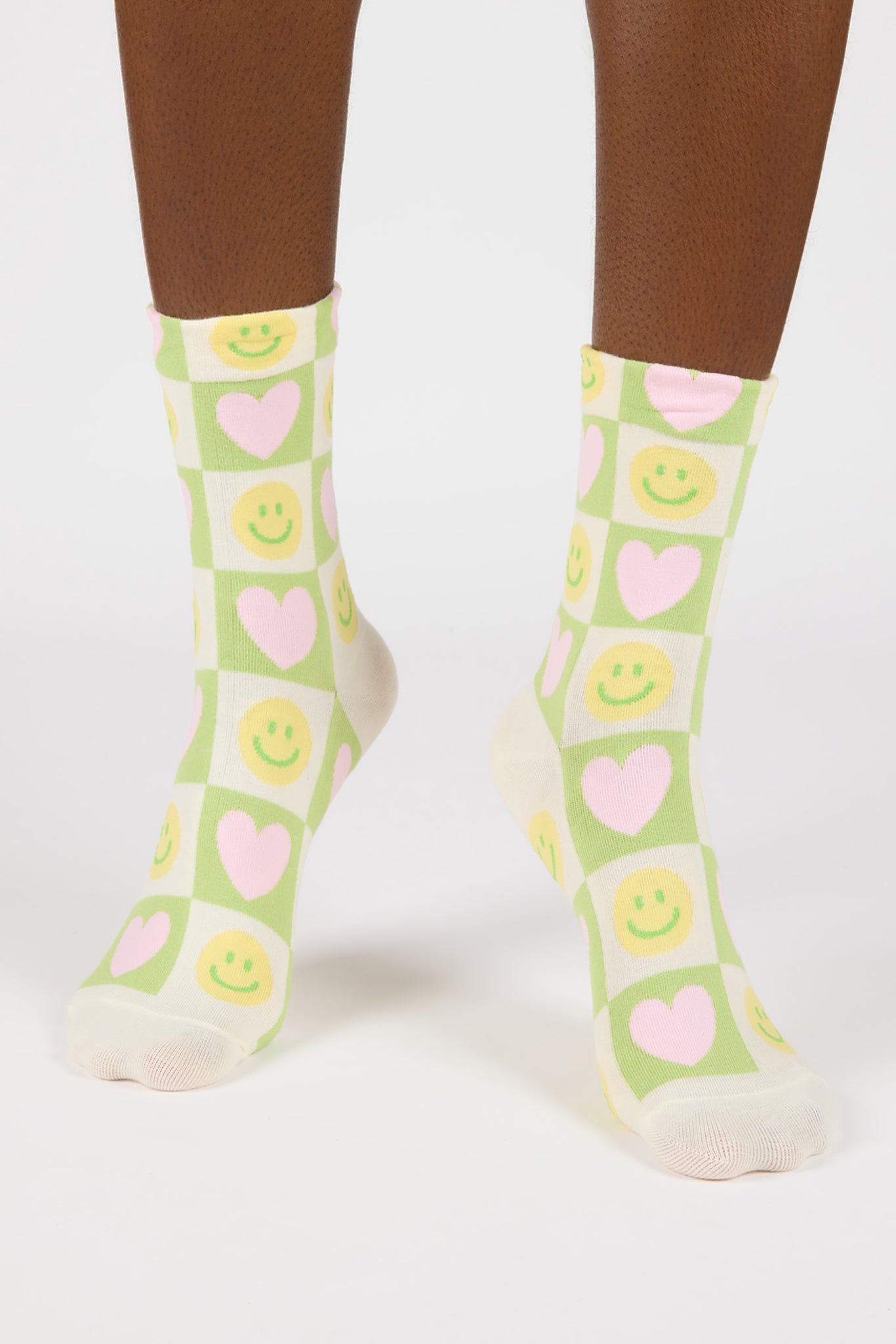 Lime green and pink smiley face heart block socks_1