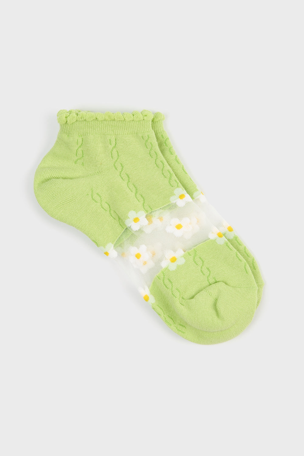 Lime green and white sheer daisy strip ankle socks_3