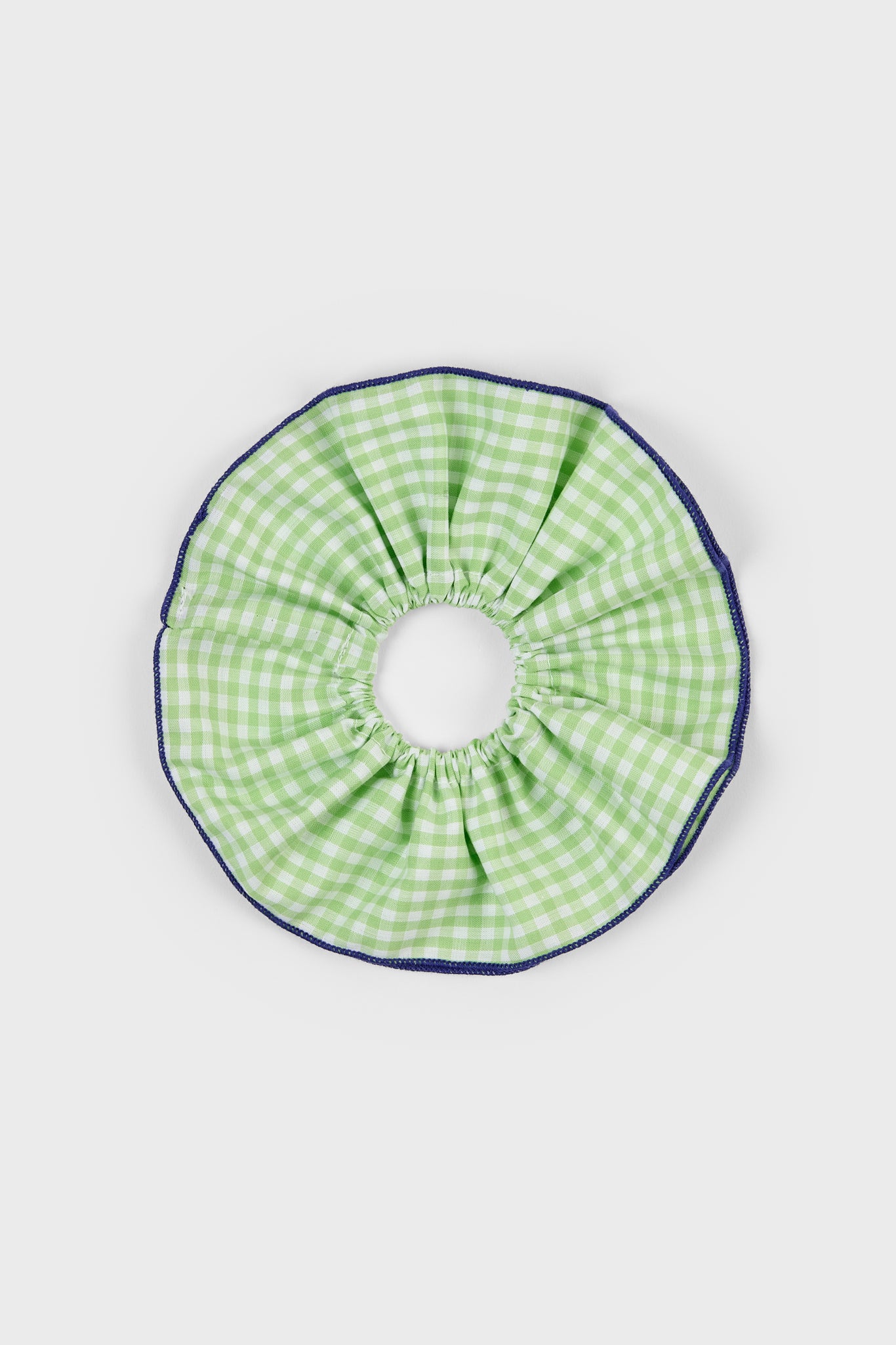 Lime green gingham and navy trim scrunchie_1