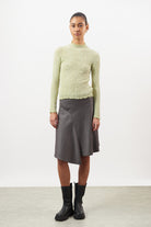 Lime green textured long sleeve mock neck top_4