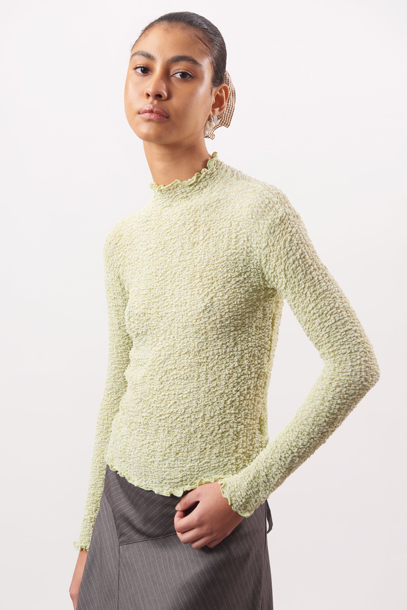 Lime green textured long sleeve mock neck top_1