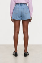 Mid blue single pleat wide leg denim shorts_2