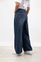 Mid blue denim adjustable waist double button balloon jeans_2