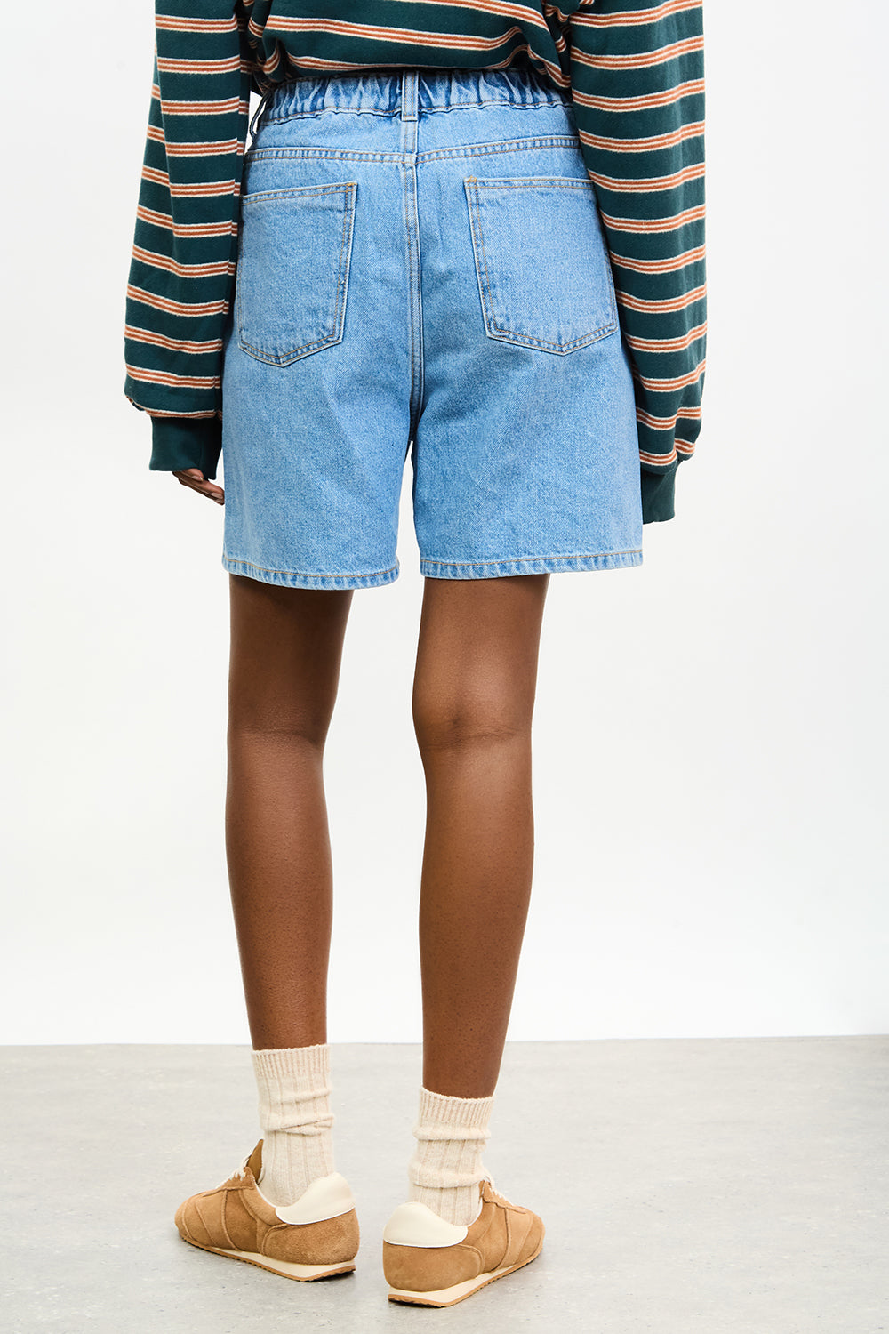Mid blue denim pleated tab waist shorts_2