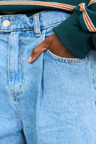 Mid blue denim pleated tab waist shorts_3